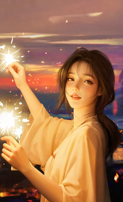 手拿烟花的漂亮文静长发绑发白衫动漫美少女看着你手机壁纸图片 – 高清 桌面壁纸 开放版权素材 免费下载 手机电脑通用-iPhone17-1