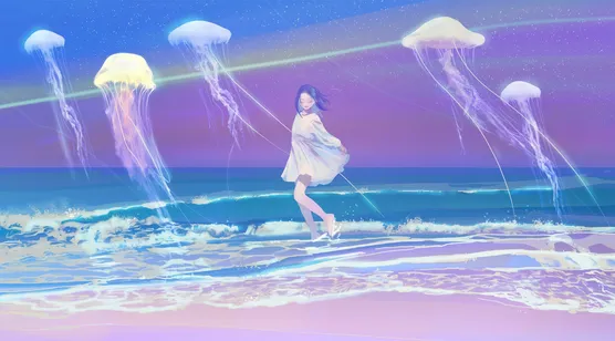 海边白衣少女与发光水母 唯美二次元宽屏车机壁纸